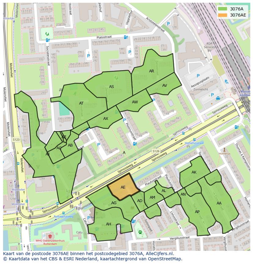 Afbeelding van het postcodegebied 3076 AE op de kaart.