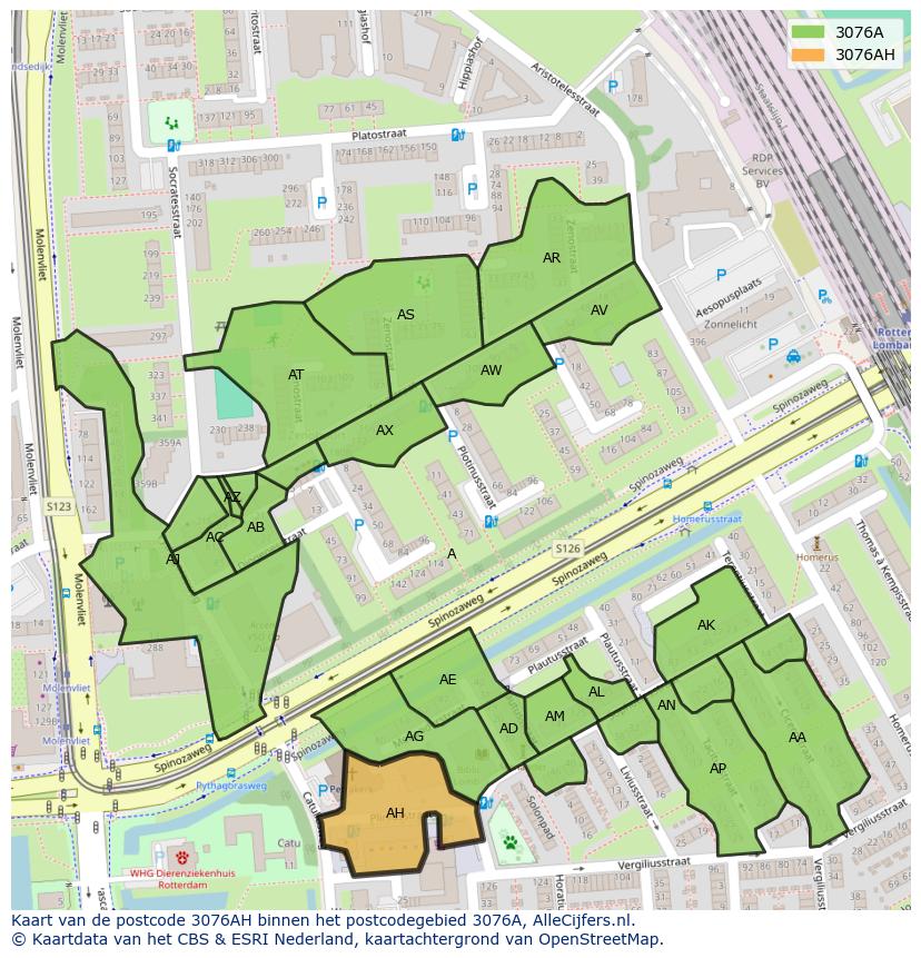 Afbeelding van het postcodegebied 3076 AH op de kaart.