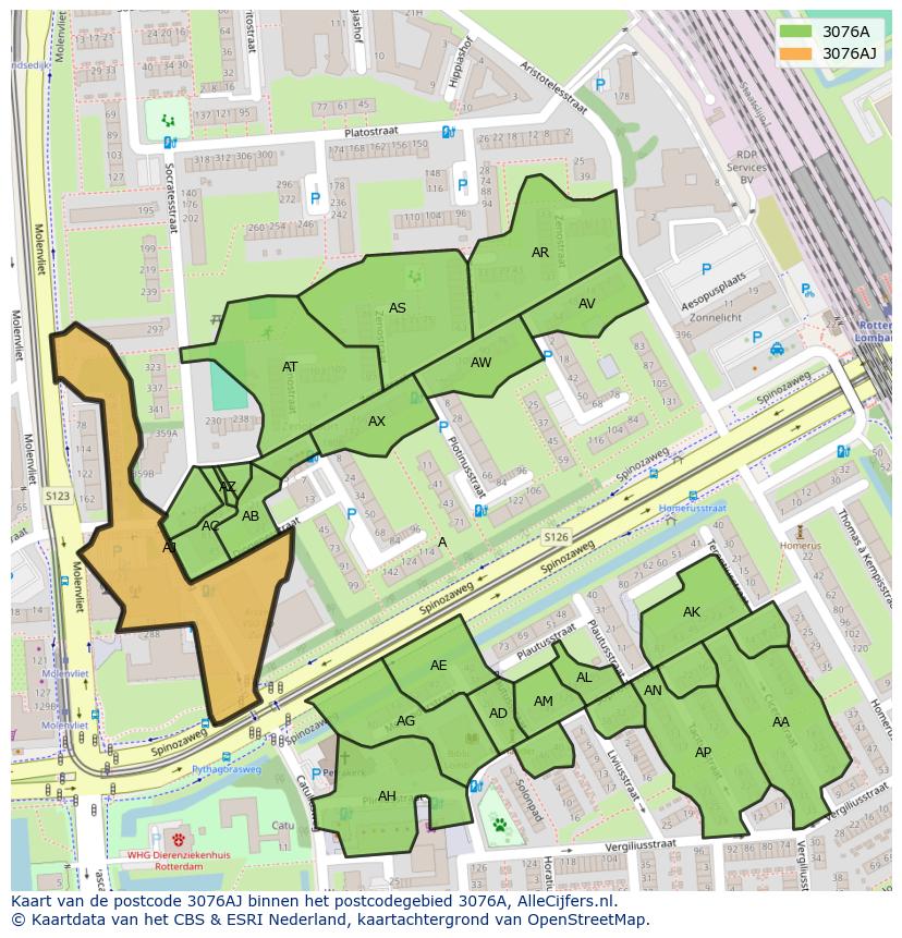 Afbeelding van het postcodegebied 3076 AJ op de kaart.
