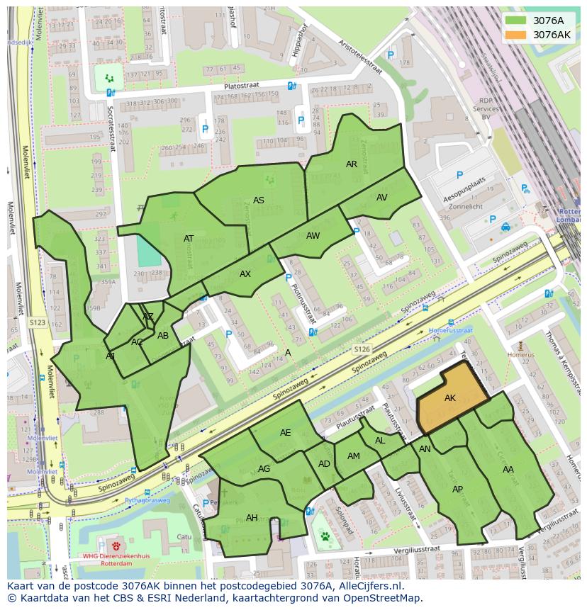 Afbeelding van het postcodegebied 3076 AK op de kaart.