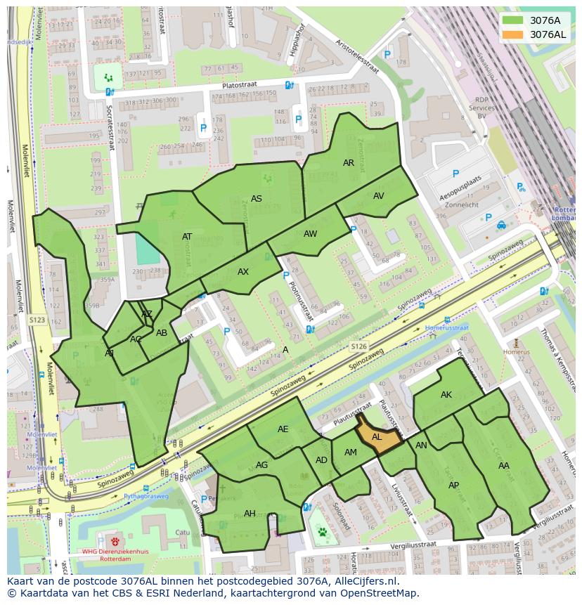 Afbeelding van het postcodegebied 3076 AL op de kaart.