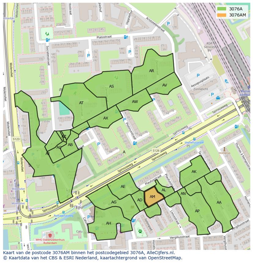 Afbeelding van het postcodegebied 3076 AM op de kaart.