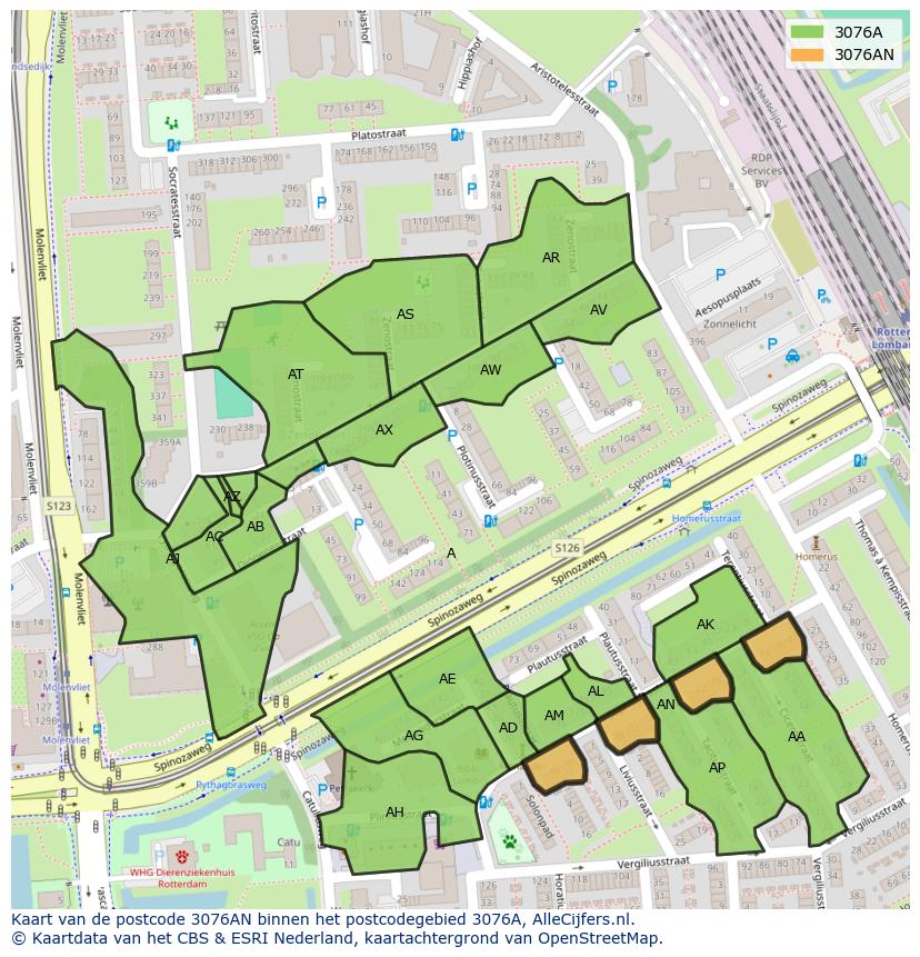 Afbeelding van het postcodegebied 3076 AN op de kaart.