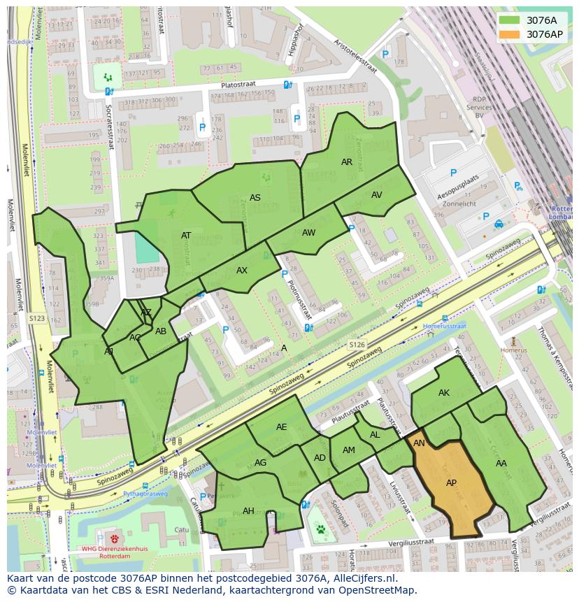Afbeelding van het postcodegebied 3076 AP op de kaart.