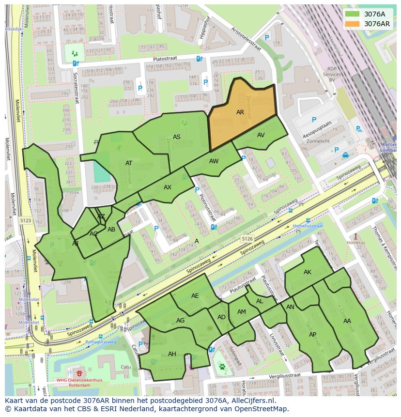 Afbeelding van het postcodegebied 3076 AR op de kaart.