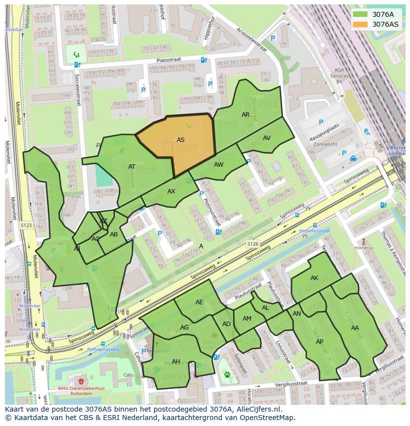 Afbeelding van het postcodegebied 3076 AS op de kaart.