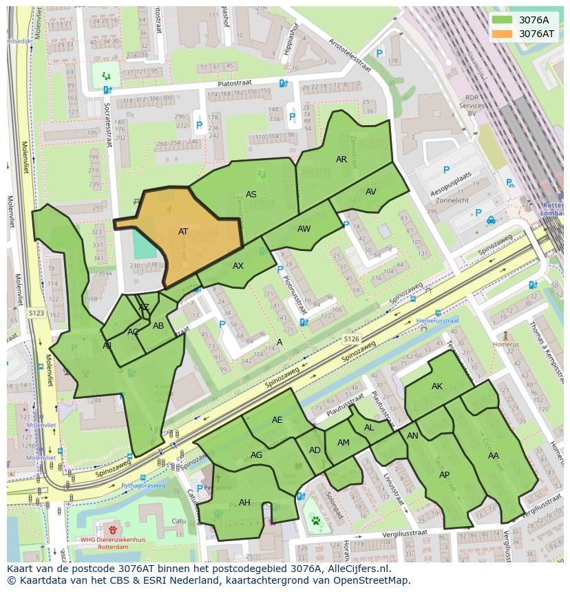 Afbeelding van het postcodegebied 3076 AT op de kaart.