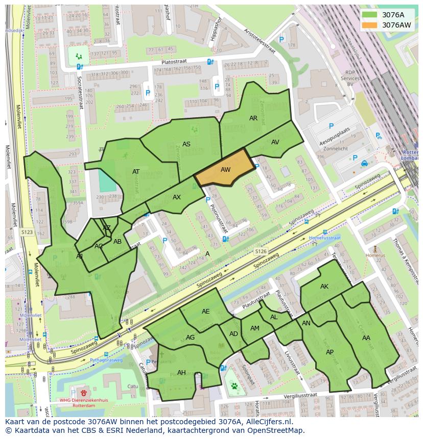 Afbeelding van het postcodegebied 3076 AW op de kaart.