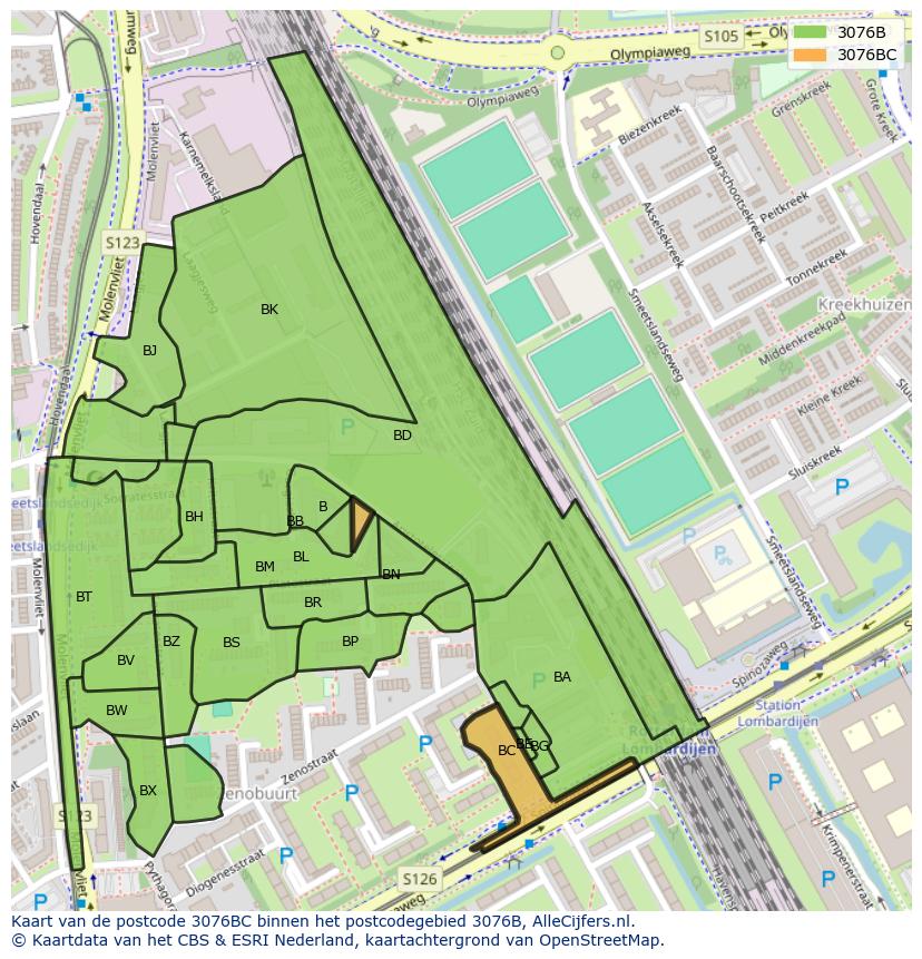Afbeelding van het postcodegebied 3076 BC op de kaart.