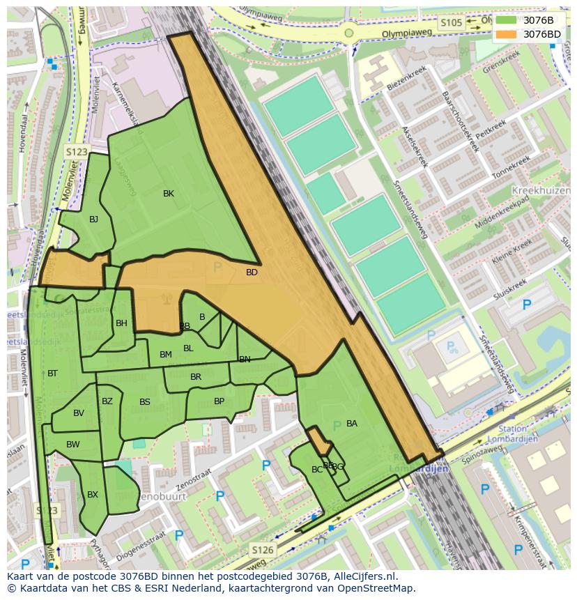Afbeelding van het postcodegebied 3076 BD op de kaart.