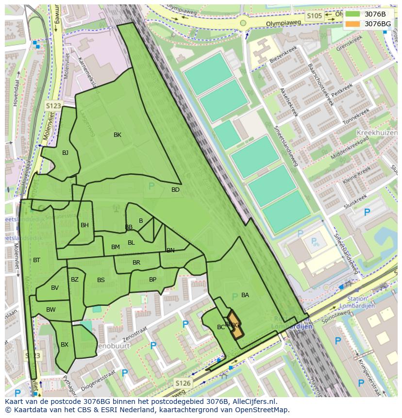 Afbeelding van het postcodegebied 3076 BG op de kaart.