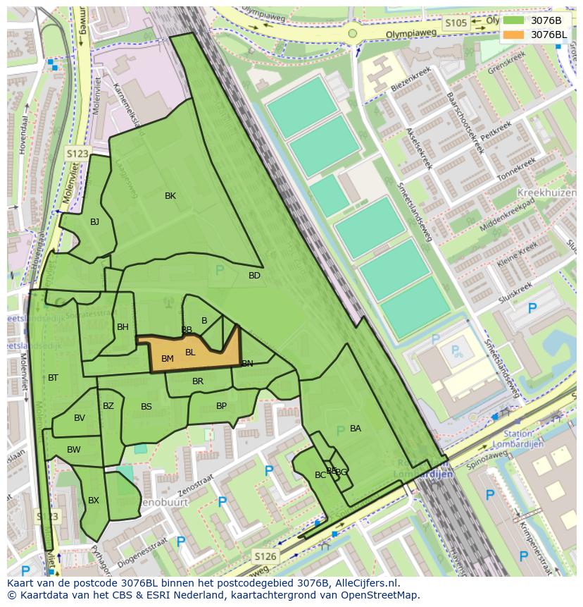 Afbeelding van het postcodegebied 3076 BL op de kaart.