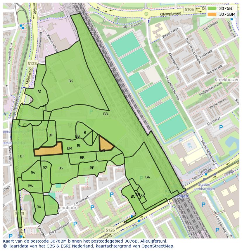 Afbeelding van het postcodegebied 3076 BM op de kaart.