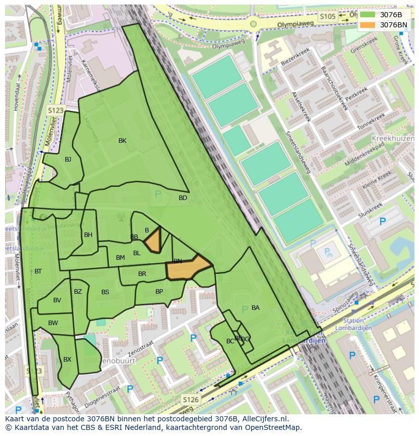 Afbeelding van het postcodegebied 3076 BN op de kaart.