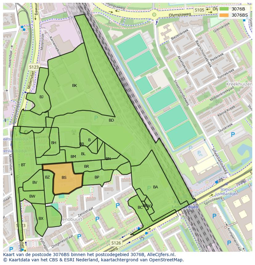 Afbeelding van het postcodegebied 3076 BS op de kaart.