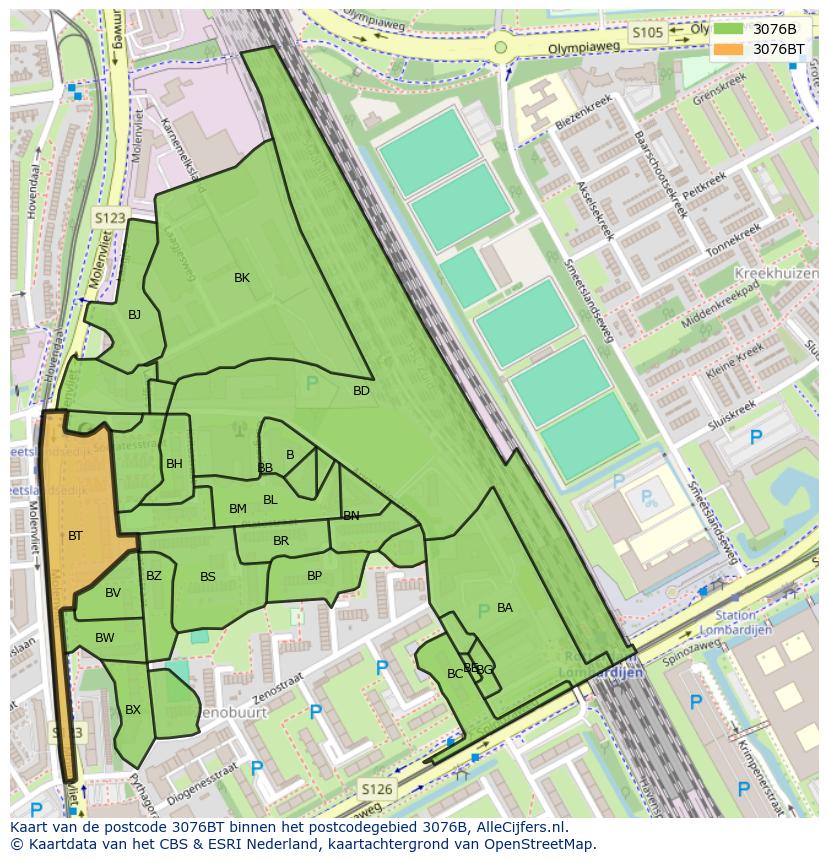 Afbeelding van het postcodegebied 3076 BT op de kaart.