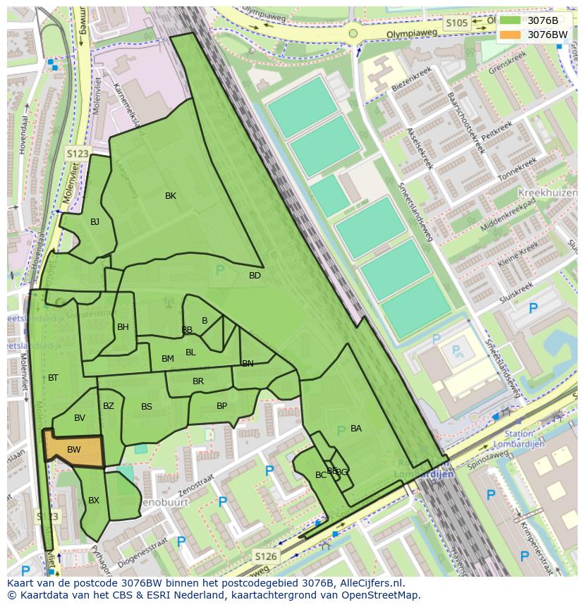 Afbeelding van het postcodegebied 3076 BW op de kaart.