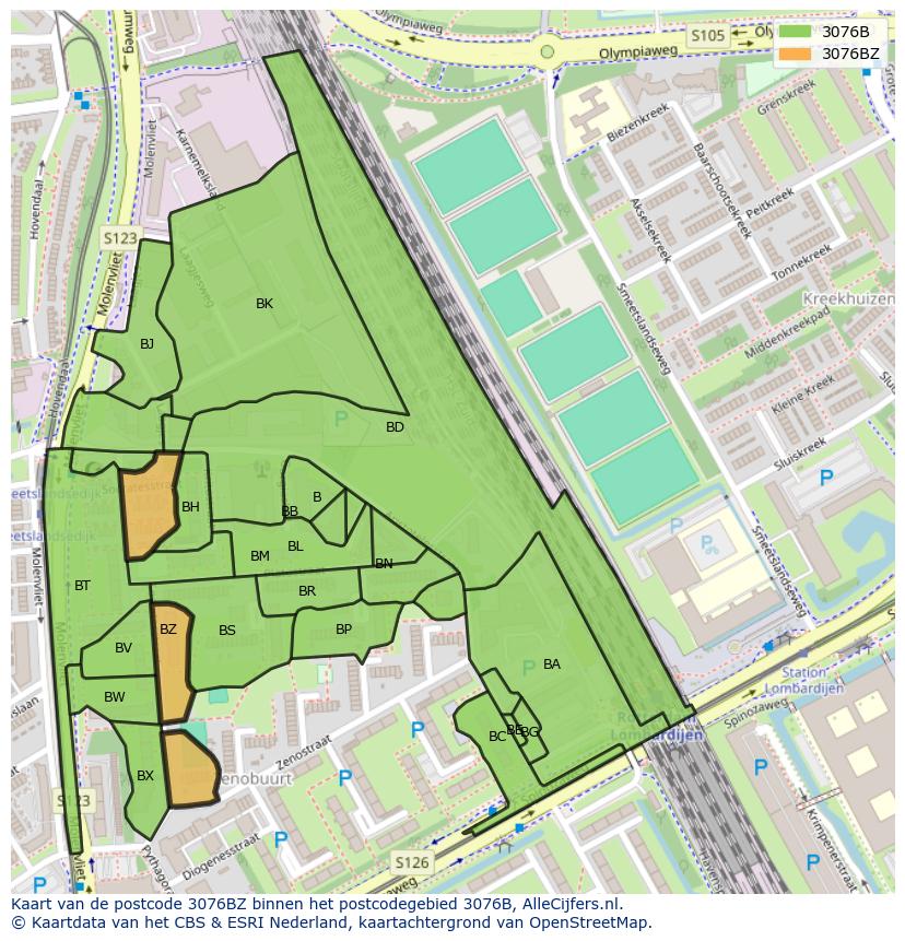 Afbeelding van het postcodegebied 3076 BZ op de kaart.