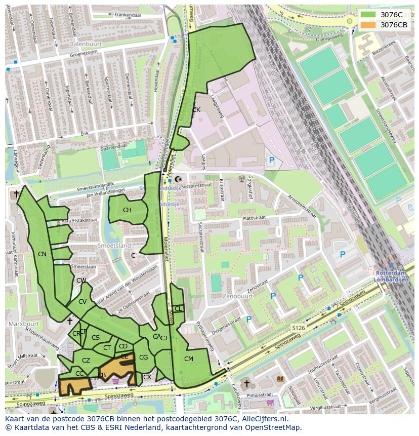 Afbeelding van het postcodegebied 3076 CB op de kaart.
