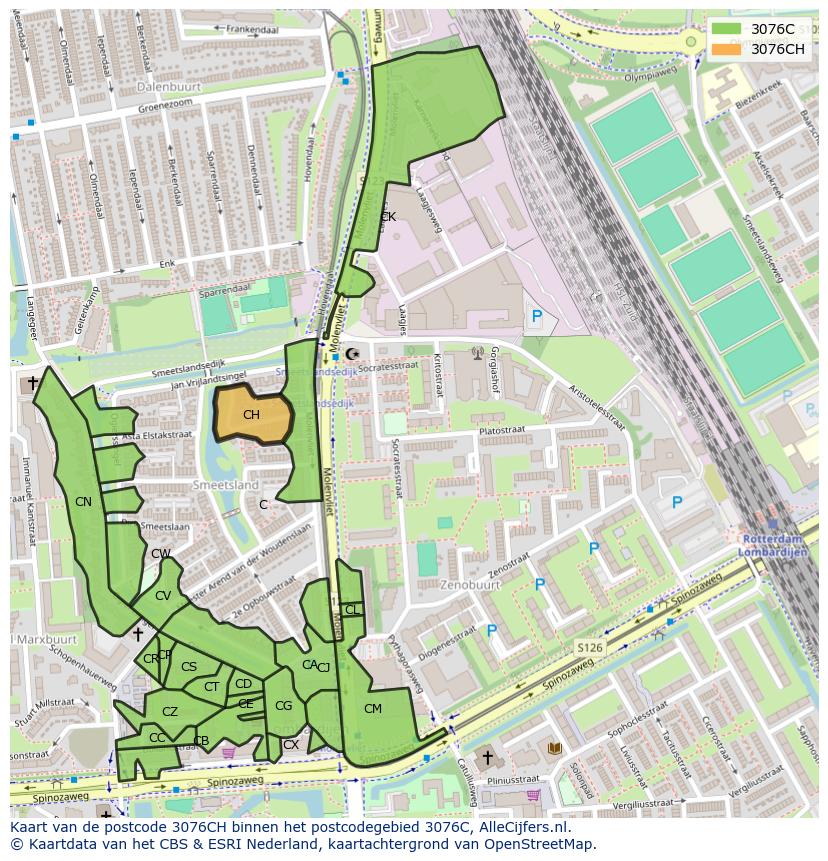 Afbeelding van het postcodegebied 3076 CH op de kaart.