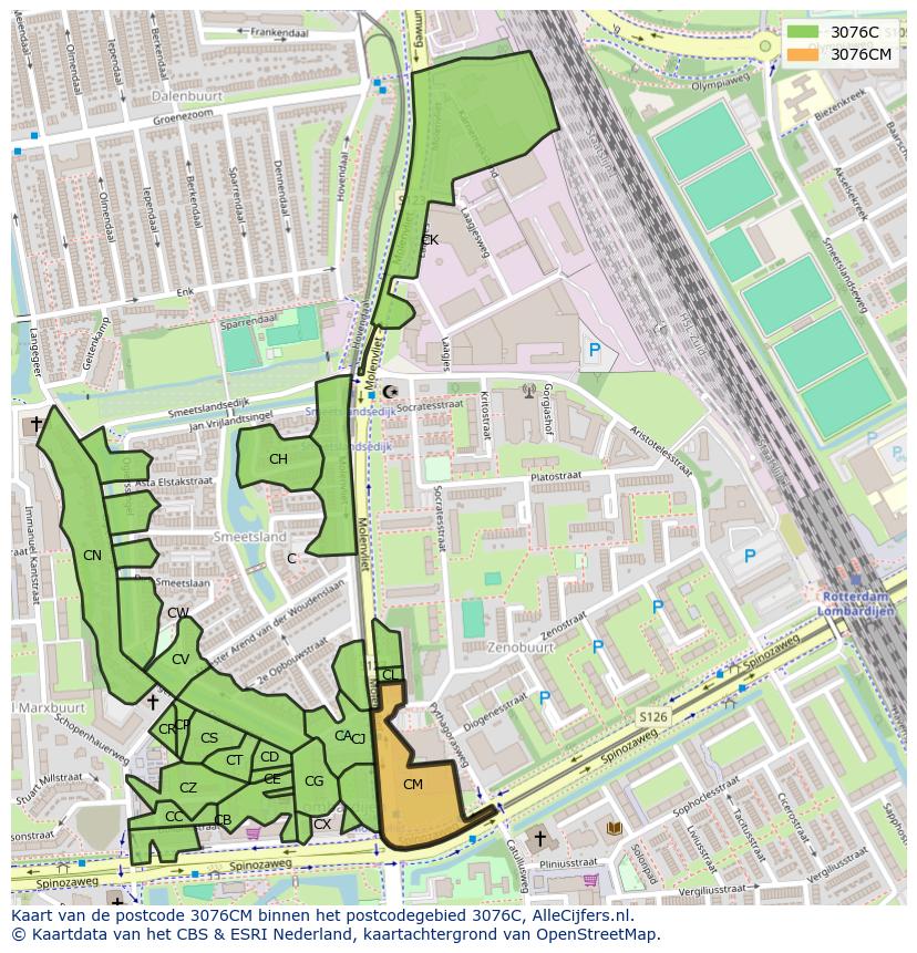 Afbeelding van het postcodegebied 3076 CM op de kaart.