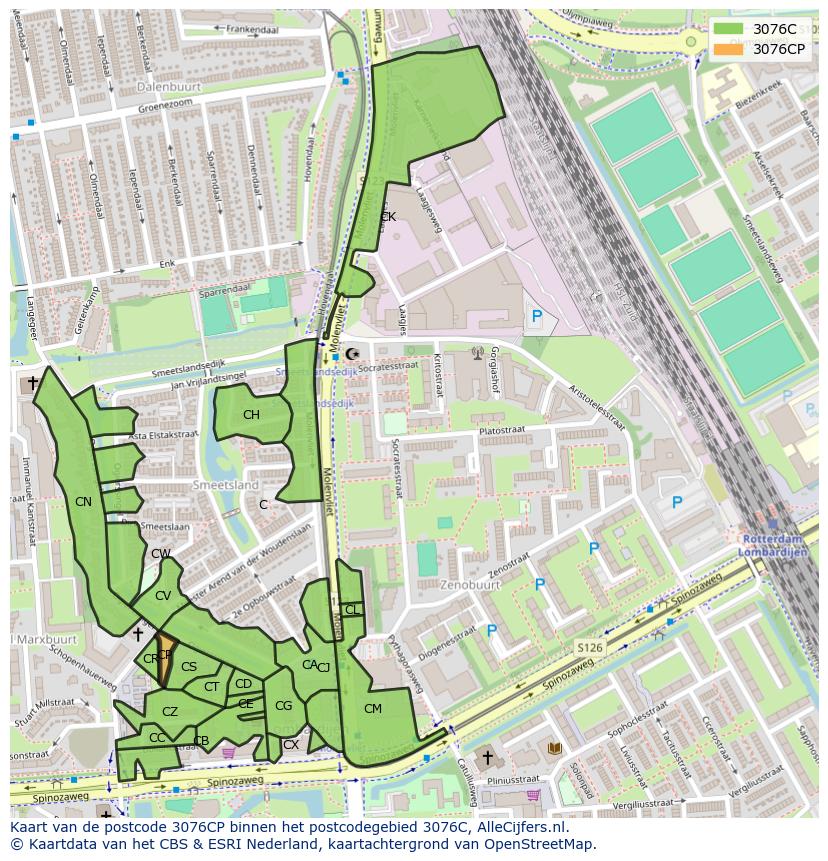 Afbeelding van het postcodegebied 3076 CP op de kaart.
