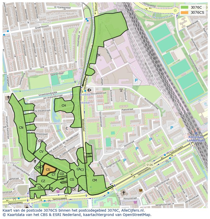 Afbeelding van het postcodegebied 3076 CS op de kaart.