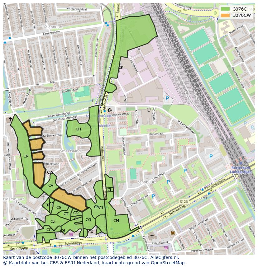 Afbeelding van het postcodegebied 3076 CW op de kaart.