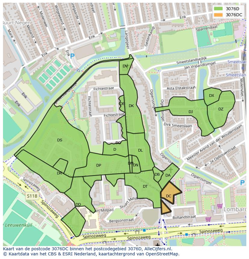 Afbeelding van het postcodegebied 3076 DC op de kaart.