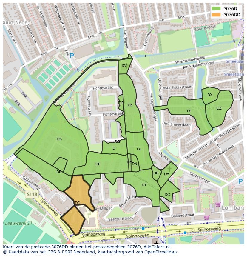 Afbeelding van het postcodegebied 3076 DD op de kaart.