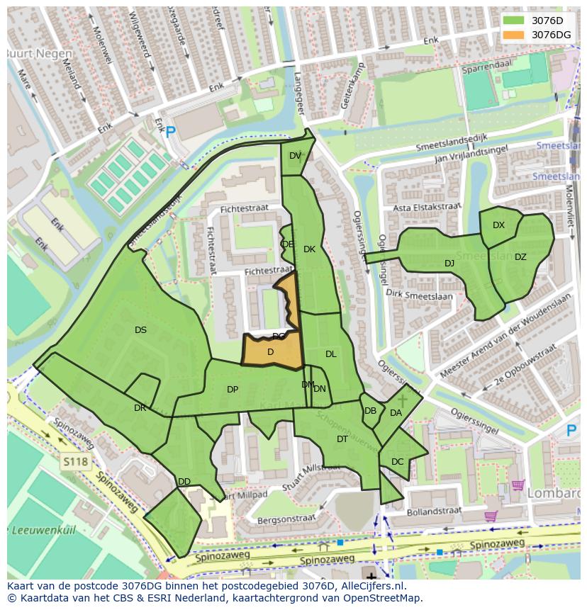 Afbeelding van het postcodegebied 3076 DG op de kaart.