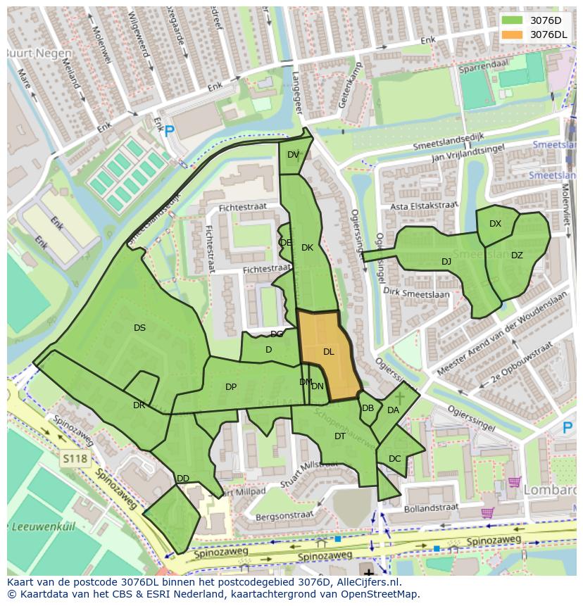 Afbeelding van het postcodegebied 3076 DL op de kaart.