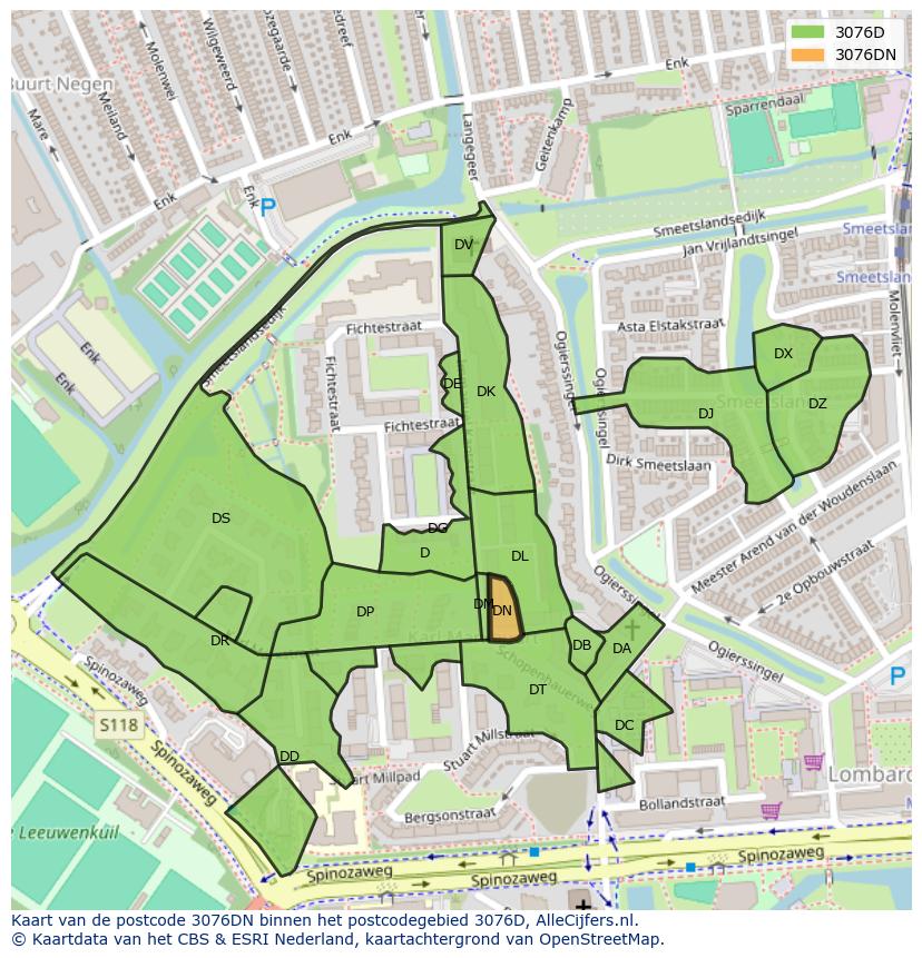 Afbeelding van het postcodegebied 3076 DN op de kaart.