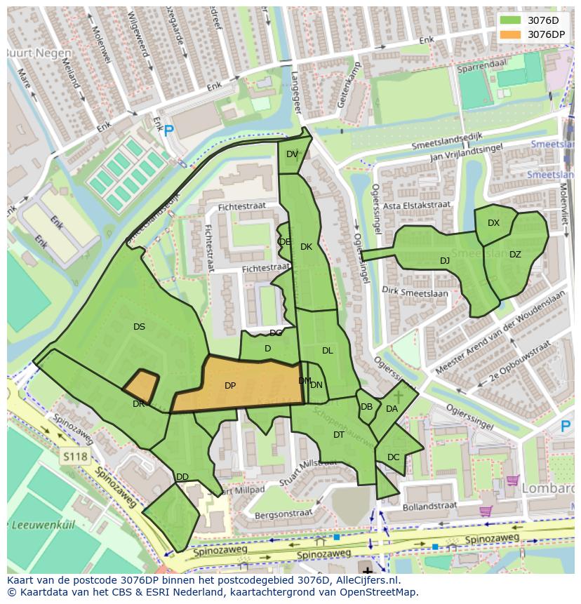 Afbeelding van het postcodegebied 3076 DP op de kaart.