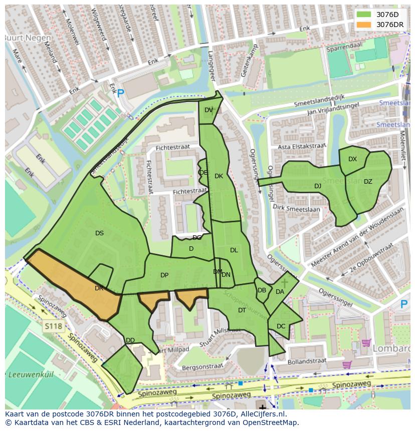 Afbeelding van het postcodegebied 3076 DR op de kaart.