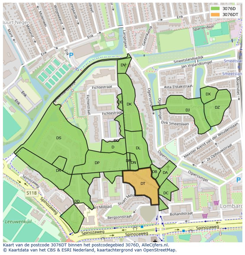 Afbeelding van het postcodegebied 3076 DT op de kaart.