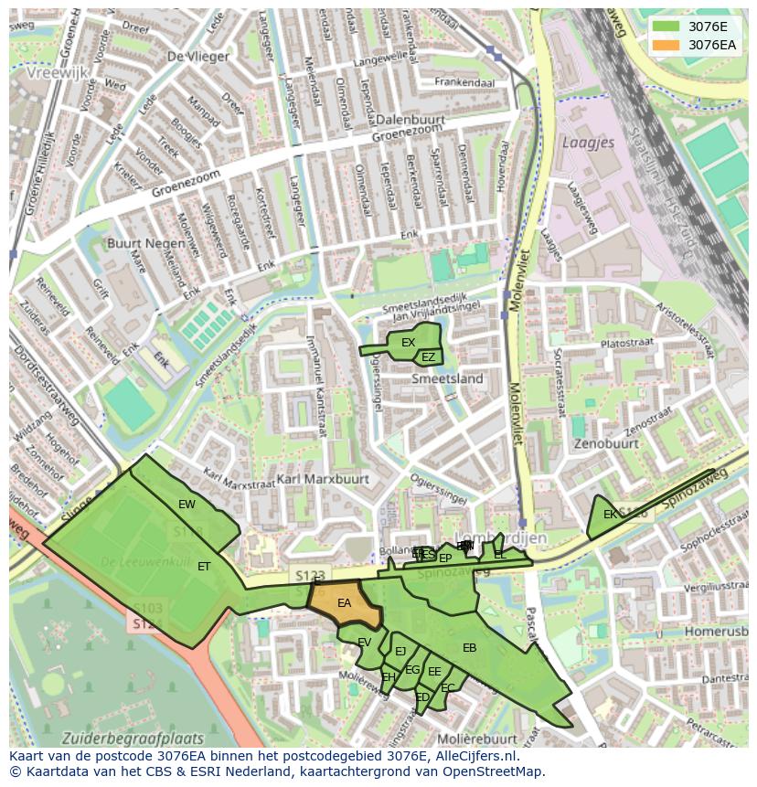 Afbeelding van het postcodegebied 3076 EA op de kaart.