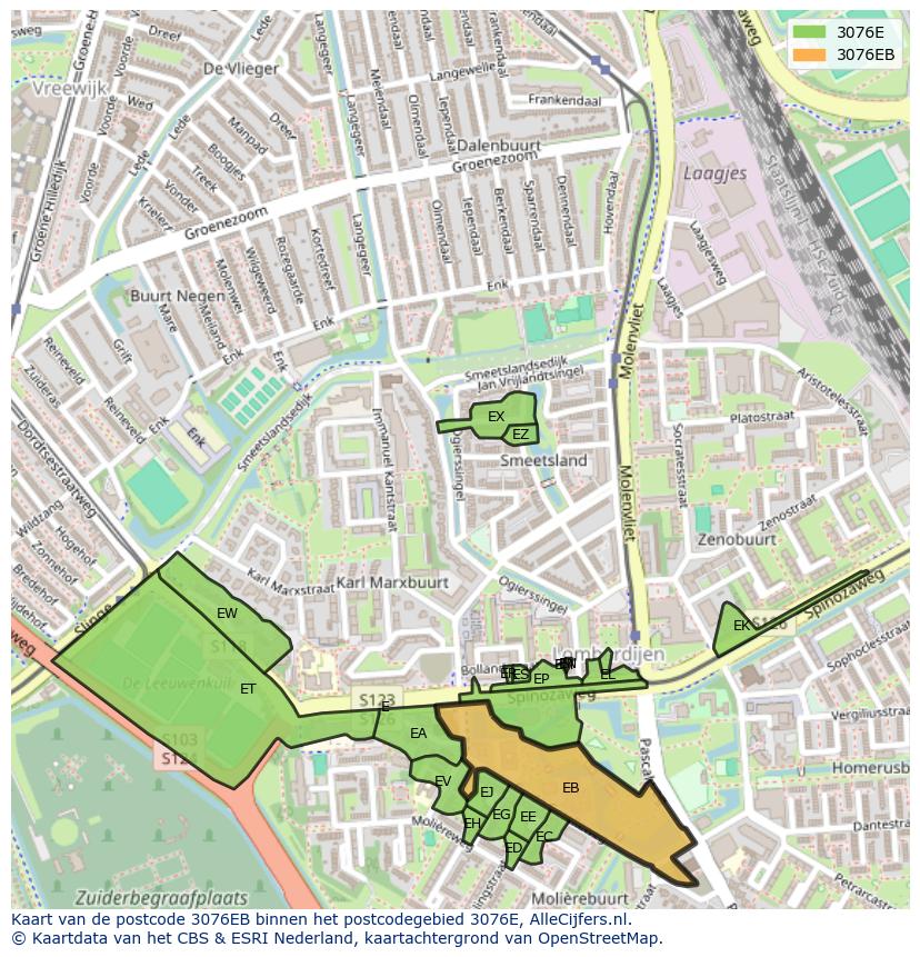 Afbeelding van het postcodegebied 3076 EB op de kaart.