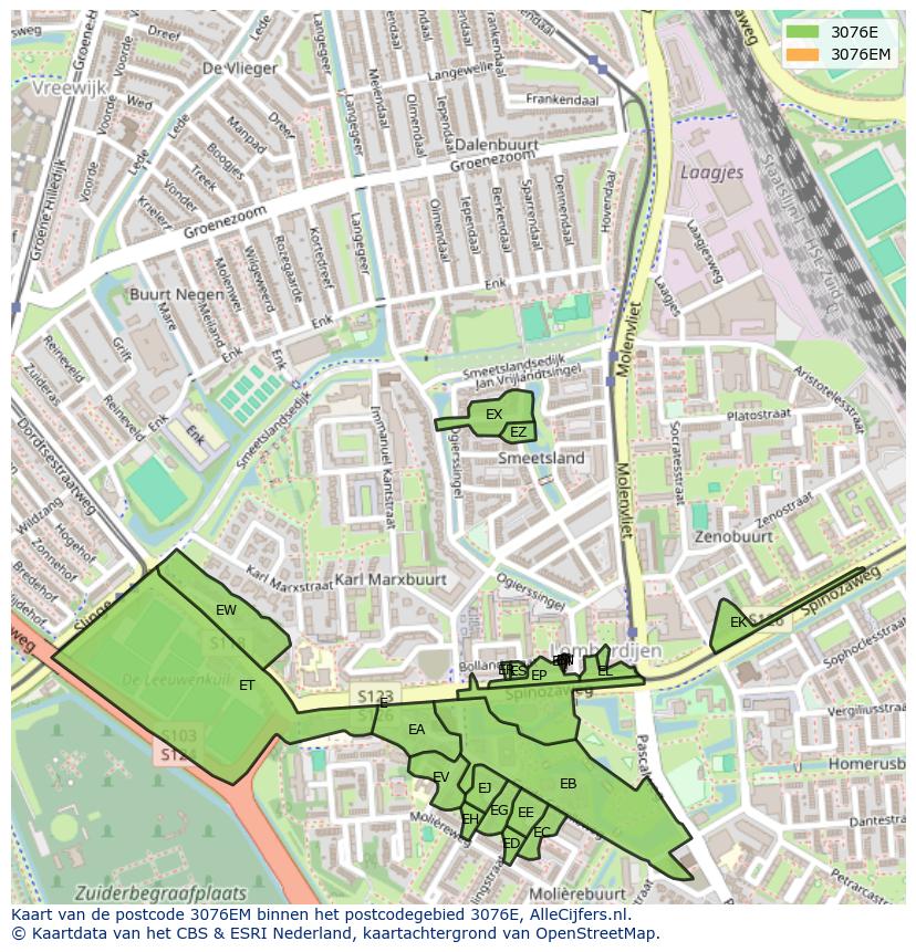Afbeelding van het postcodegebied 3076 EM op de kaart.