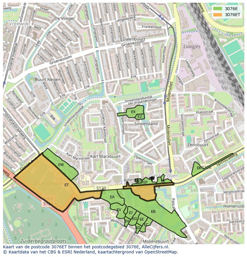 Afbeelding van het postcodegebied 3076 ET op de kaart.