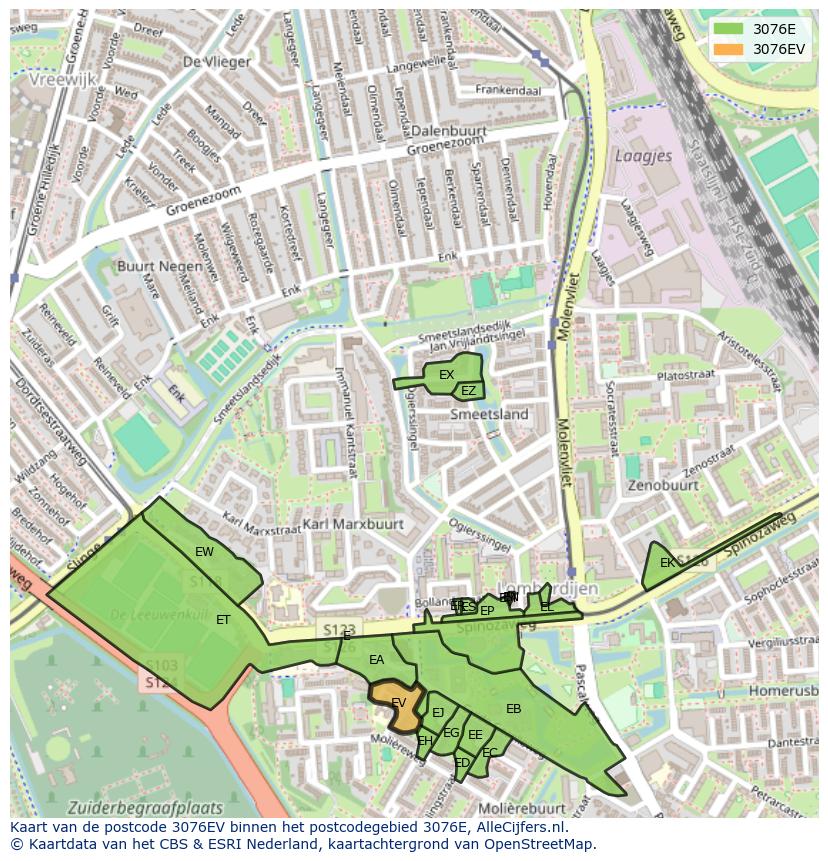Afbeelding van het postcodegebied 3076 EV op de kaart.