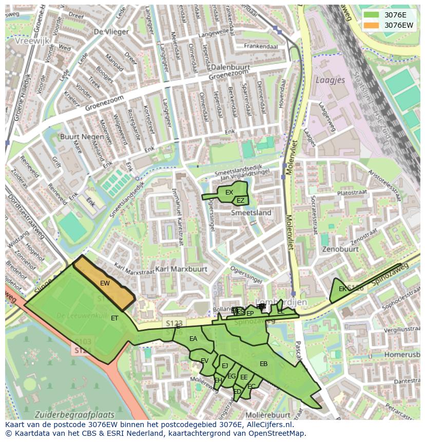 Afbeelding van het postcodegebied 3076 EW op de kaart.
