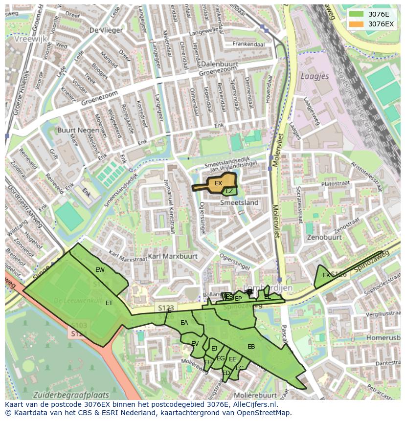 Afbeelding van het postcodegebied 3076 EX op de kaart.
