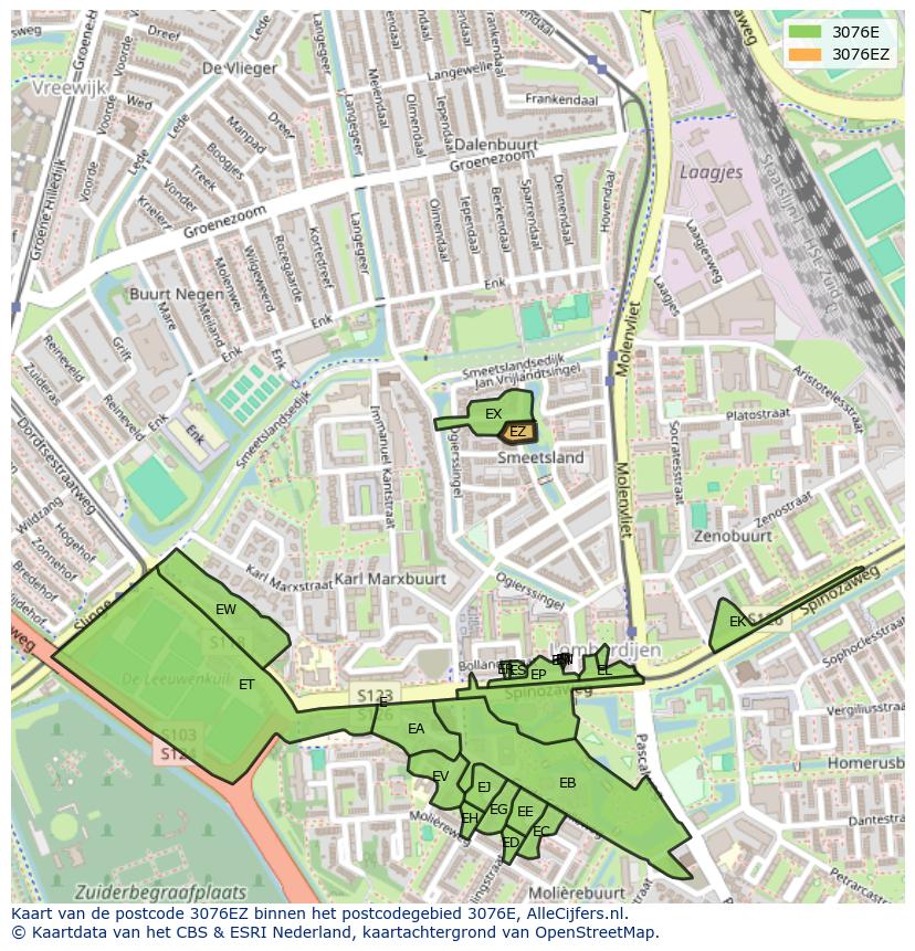 Afbeelding van het postcodegebied 3076 EZ op de kaart.