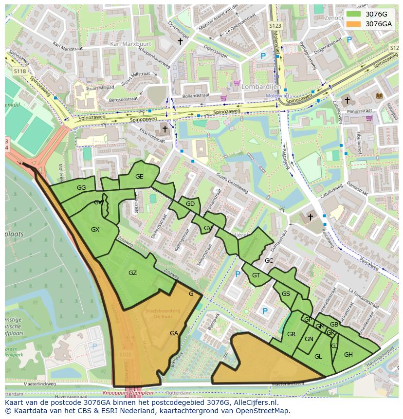 Afbeelding van het postcodegebied 3076 GA op de kaart.
