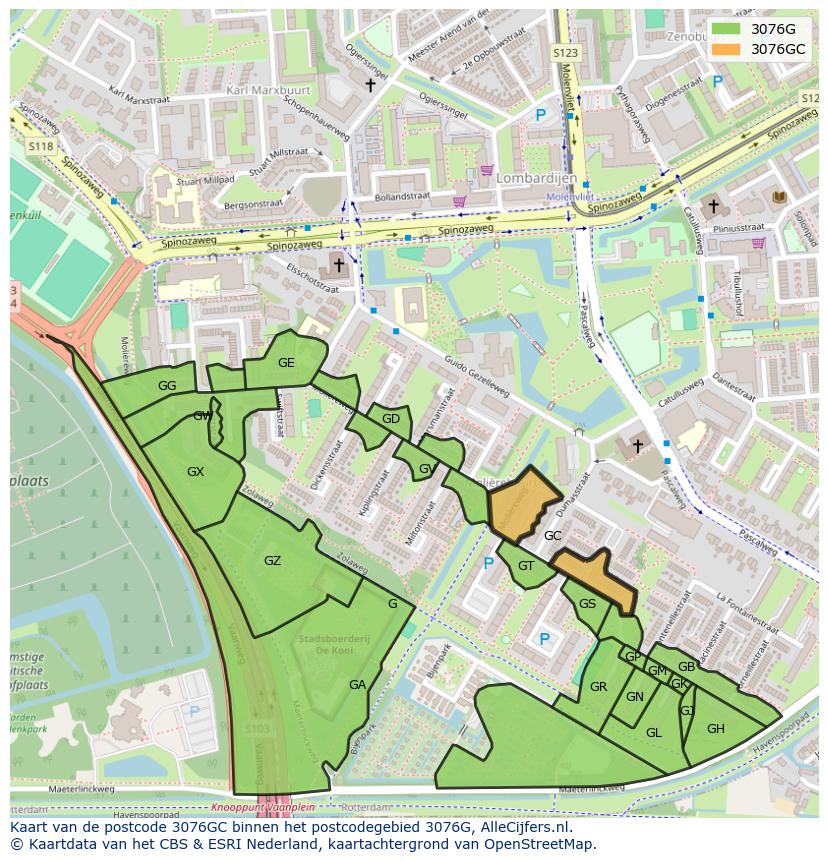 Afbeelding van het postcodegebied 3076 GC op de kaart.