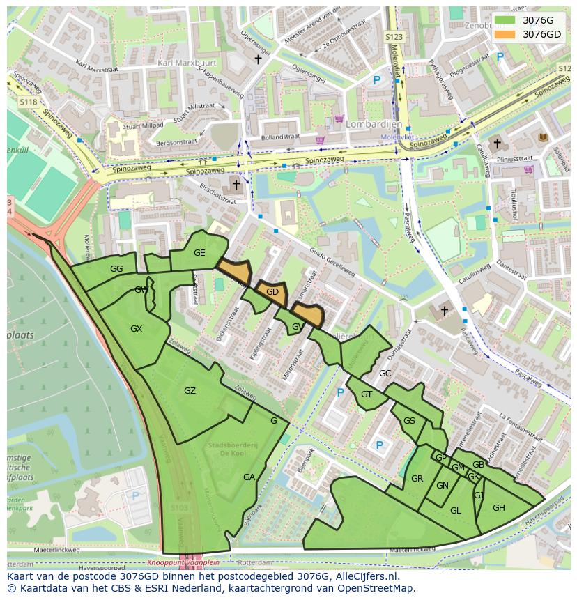 Afbeelding van het postcodegebied 3076 GD op de kaart.