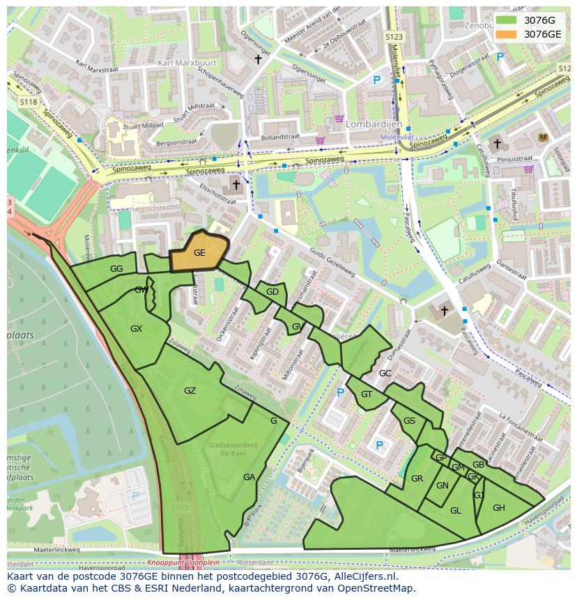 Afbeelding van het postcodegebied 3076 GE op de kaart.