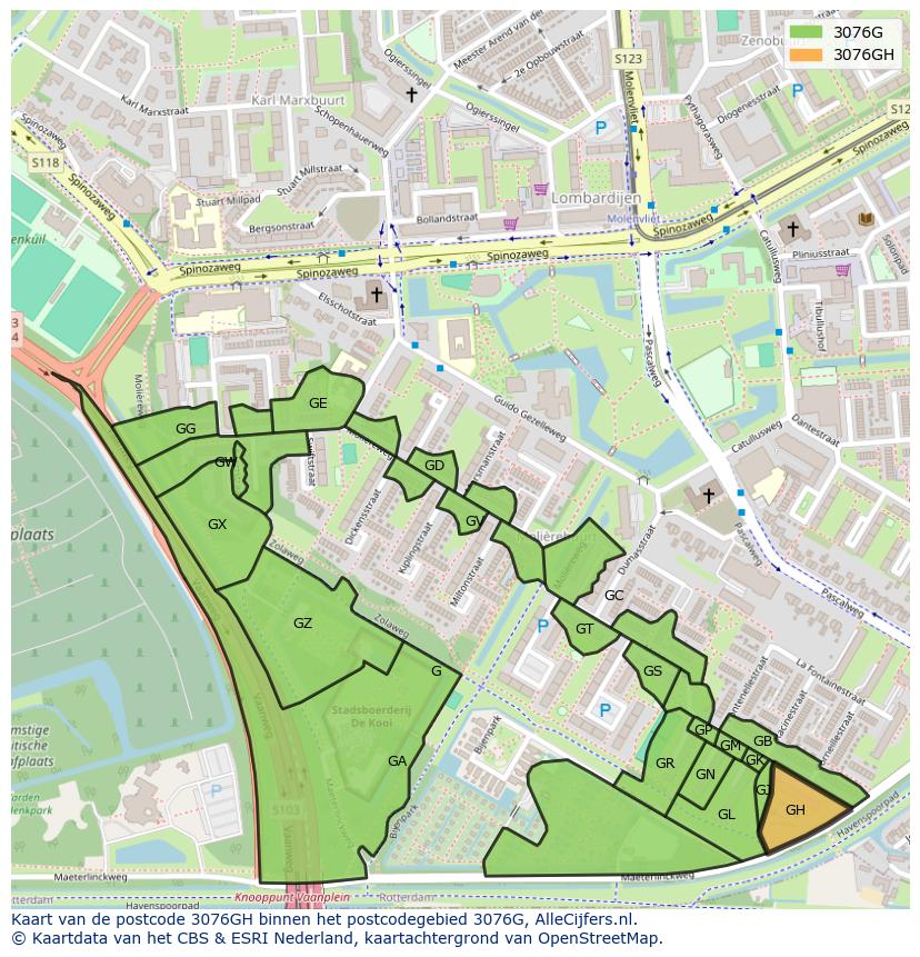 Afbeelding van het postcodegebied 3076 GH op de kaart.