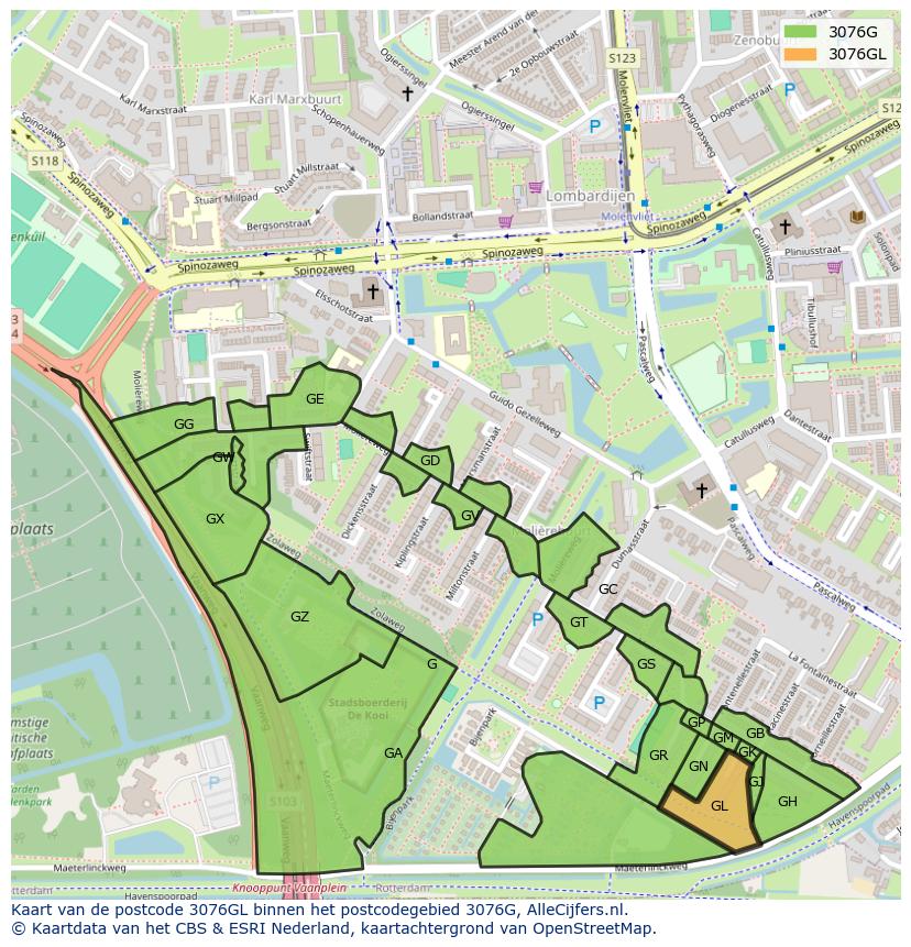 Afbeelding van het postcodegebied 3076 GL op de kaart.
